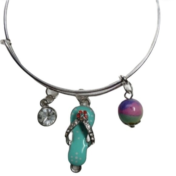 Summer Charm Dangle Bracelet Beach Thong Sandals Silver Aqua Blue Pink - Picture 2 of 4